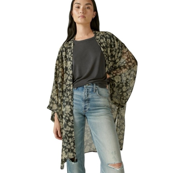 Lucky Brand Other - LUCKY BRAND Floral Printed Chiffon Metallic Striped Open Front Kimono Cardigan